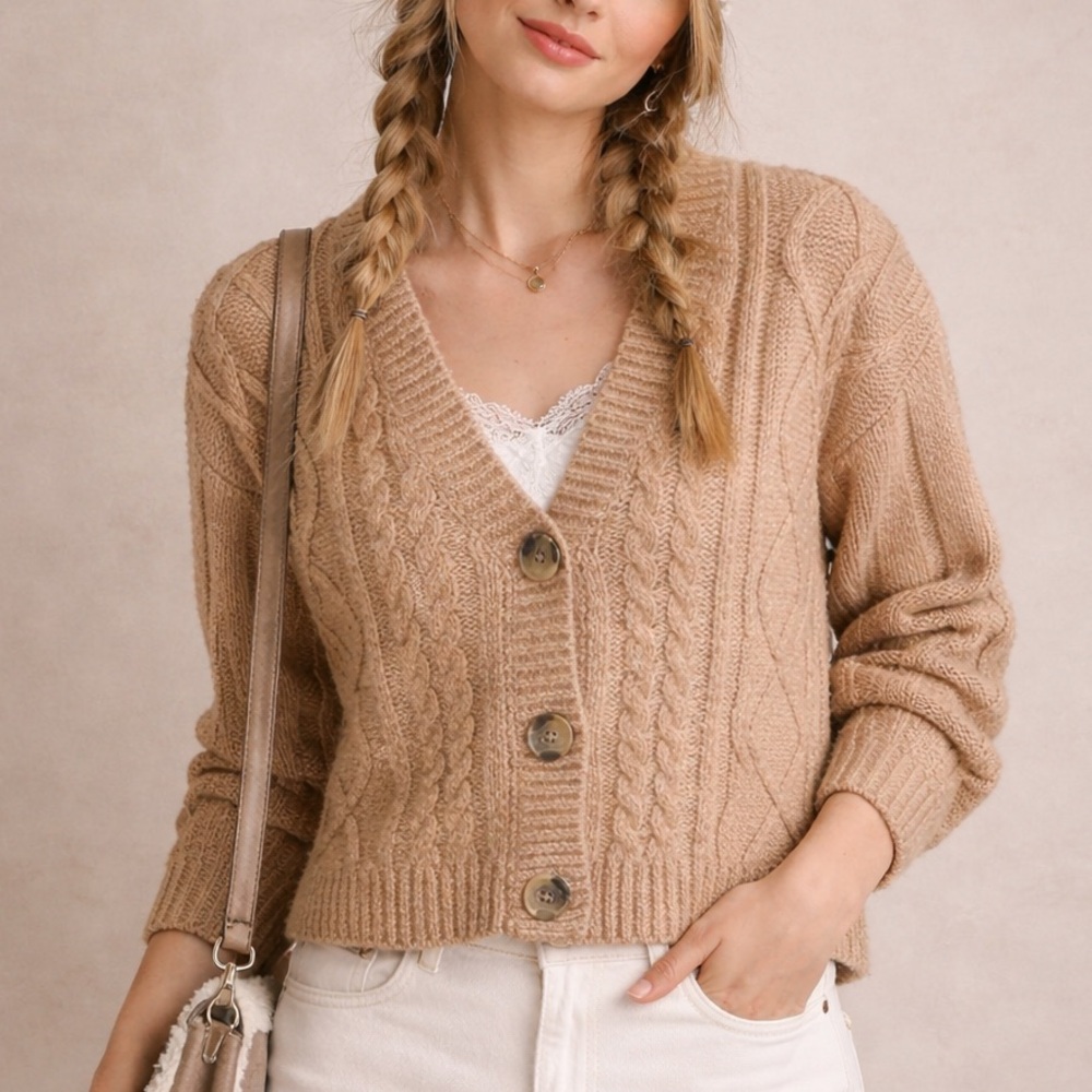 Lucky Brand Camel/Tan Cable-Knit V-Neck Button Cardigan Size Small